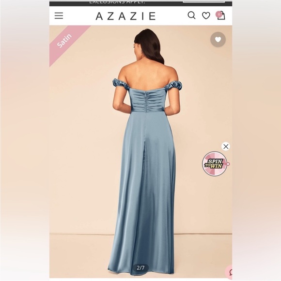 Azazie A-Line Off the Shoulder Stretch Satin Floor-Length Dress Dusty Blue - Picture 2 of 6